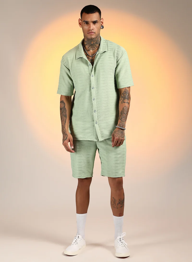 Campus Sutra Men's Mint Green Ruche-Ribbed Co-Ord Set For Casual Wear | Spread Collar | Short Sleeve | Button Closure | Co-Ords Crafted With Comfort Fit For Everyday Wear